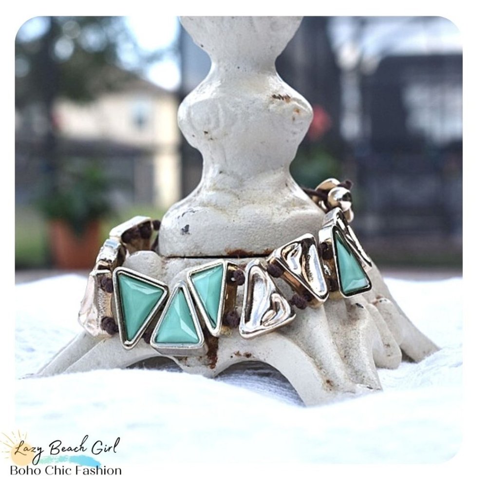 hammered metal gold and mint triangle bracelet